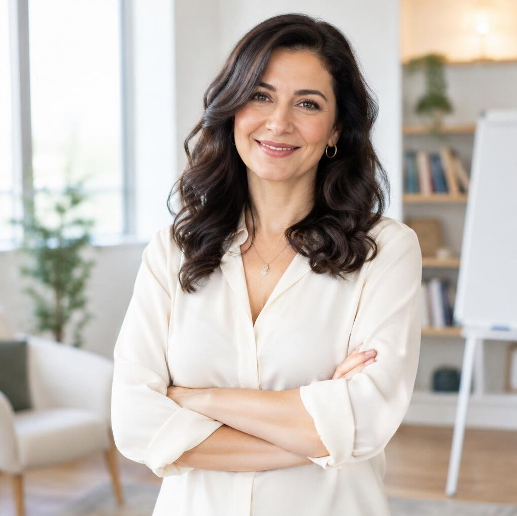Woman presenter coach smiling in a studio