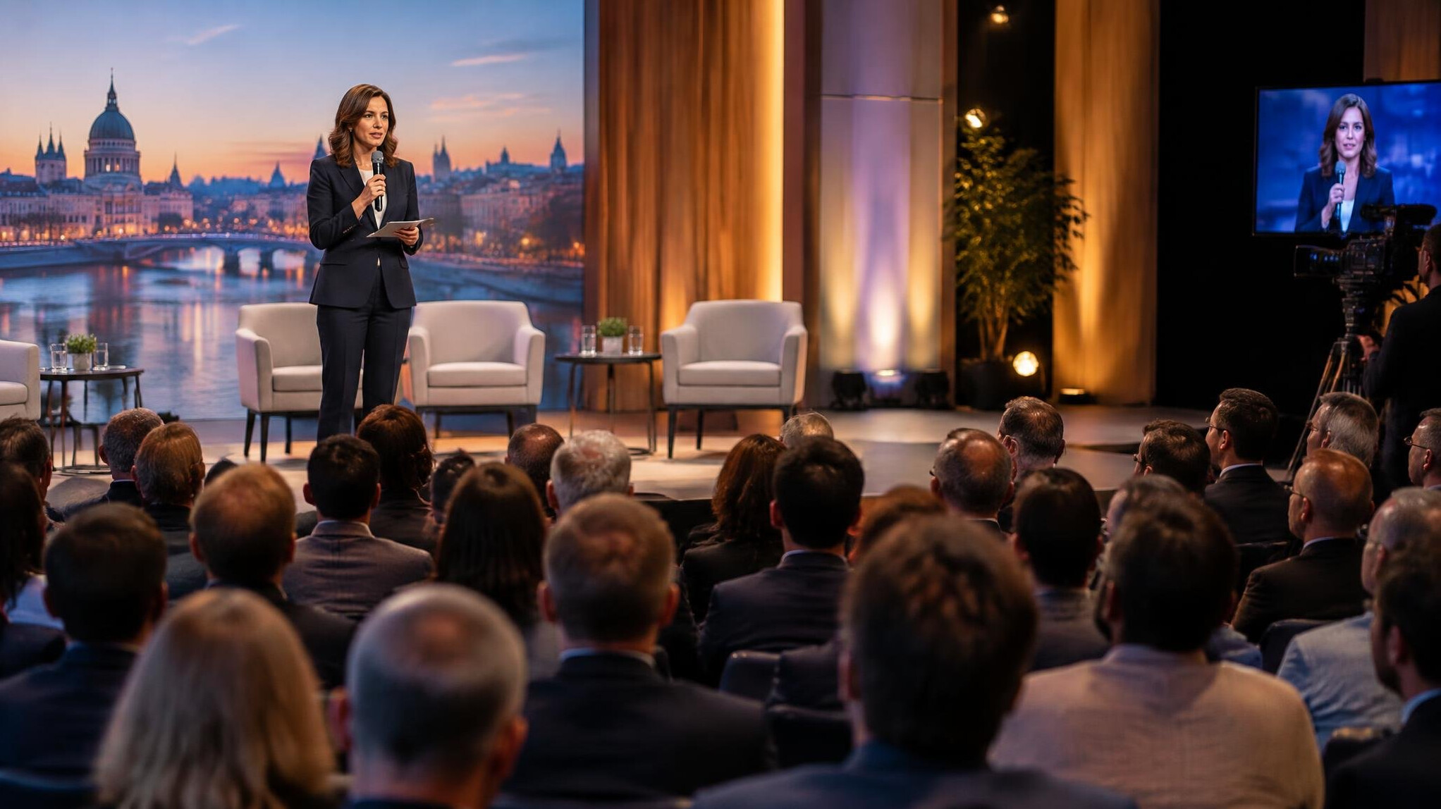 Speaker on stage addressing a room during a live event