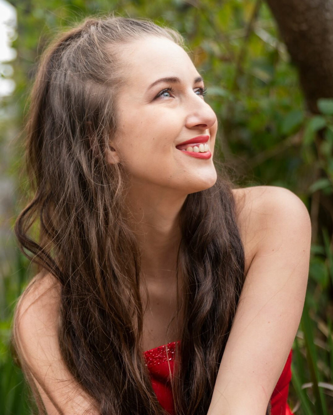 Smiling woman with long hair portrait