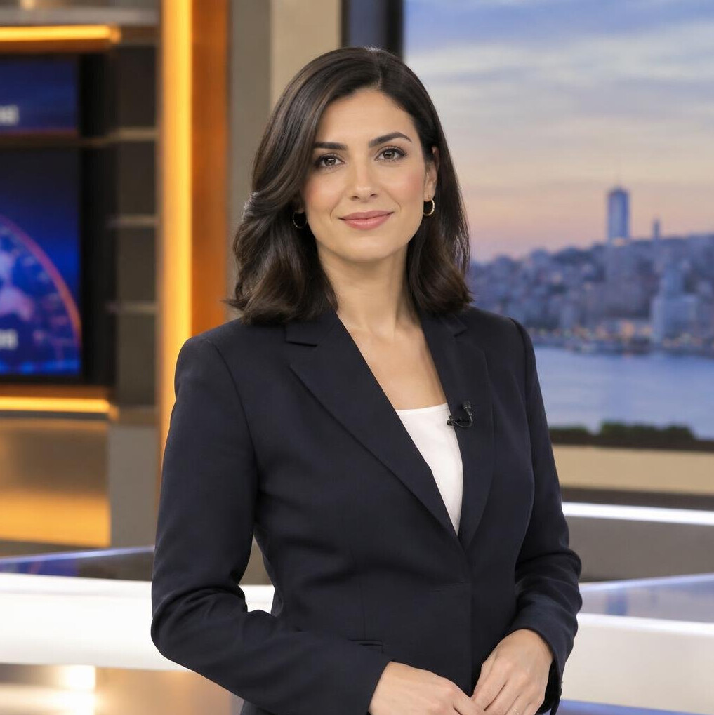 Smiling woman TV presenter in a broadcast studio